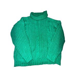 Emerald Green Chunky Cable Knit Turtleneck Sweater Small Medium Preppy Classic